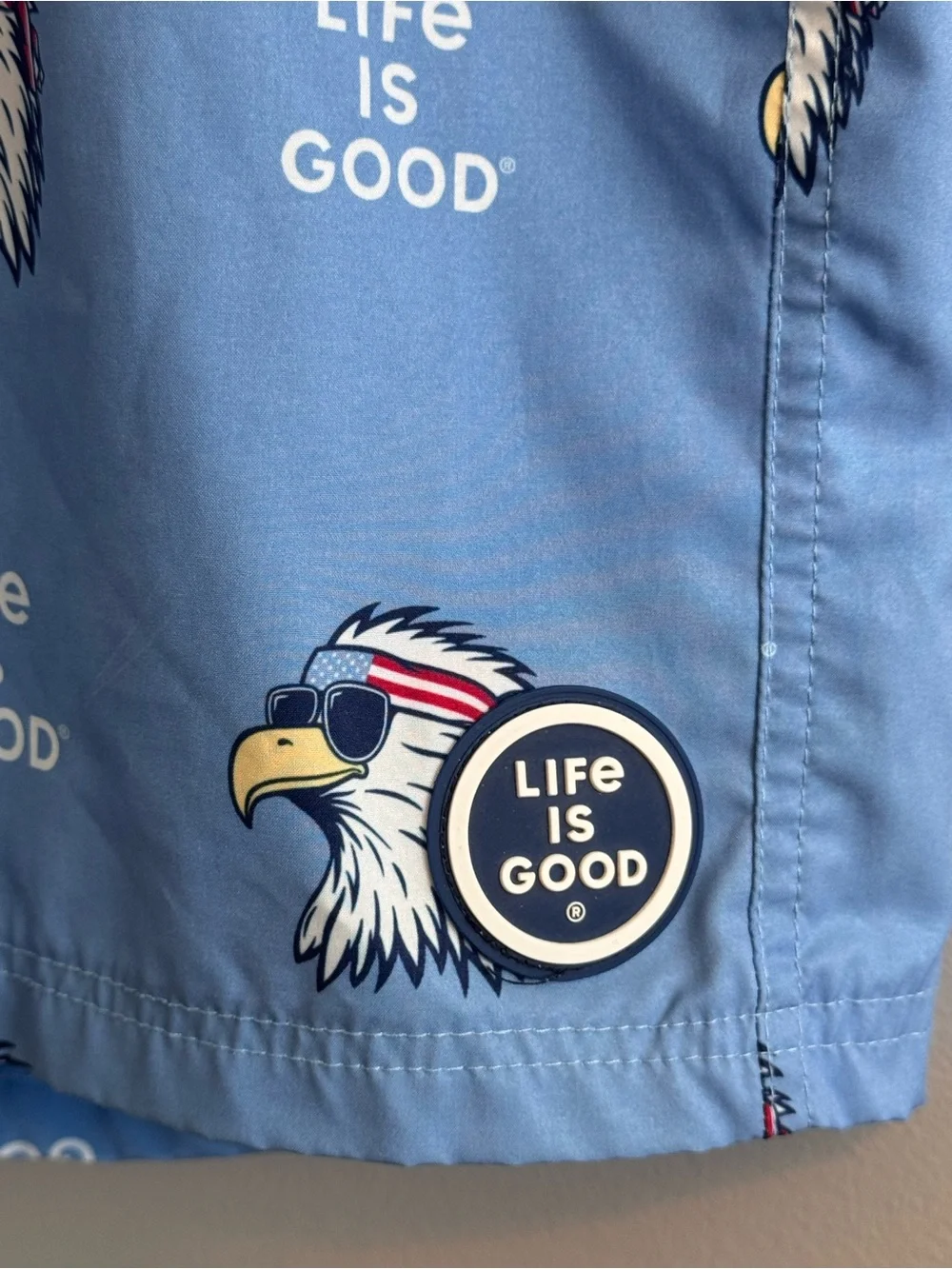 Life Is Good Swim Trunks Medium Eagle Graphic Blue Red White Board Shorts